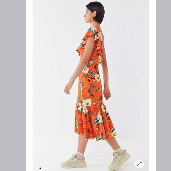 Urban Outfitters Carmen Orange Floral One-Shoulder Midi Dress Size XS - Picture 4 of 9